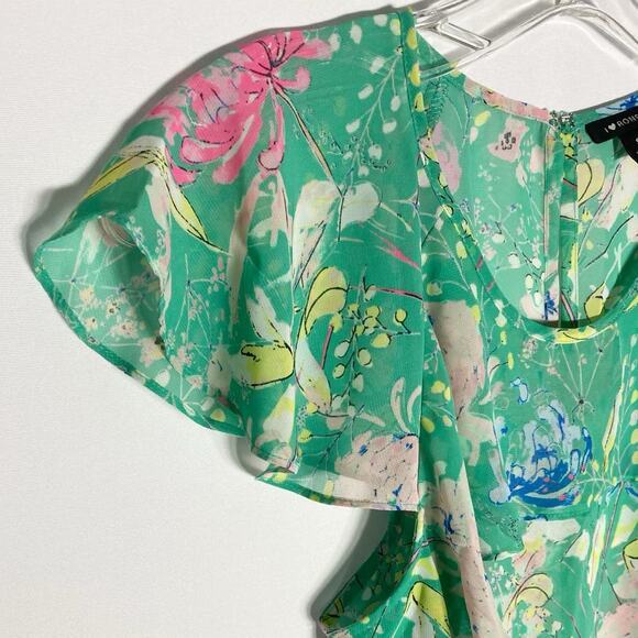 I Heart Ronson Flutter-Sleeve Top Green Peony Spring Blouse -S EUC - Picture 6 of 11